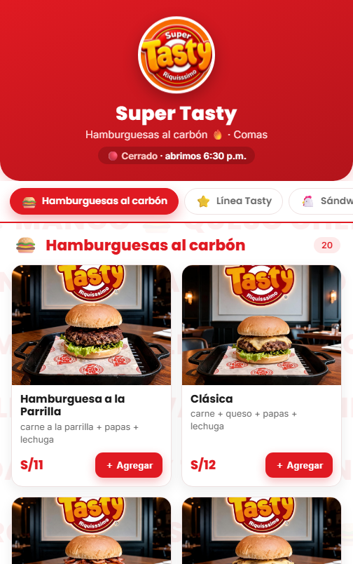 Carta digital de Super Tasty &mdash; portada con hamburguesas al carb&oacute;n
